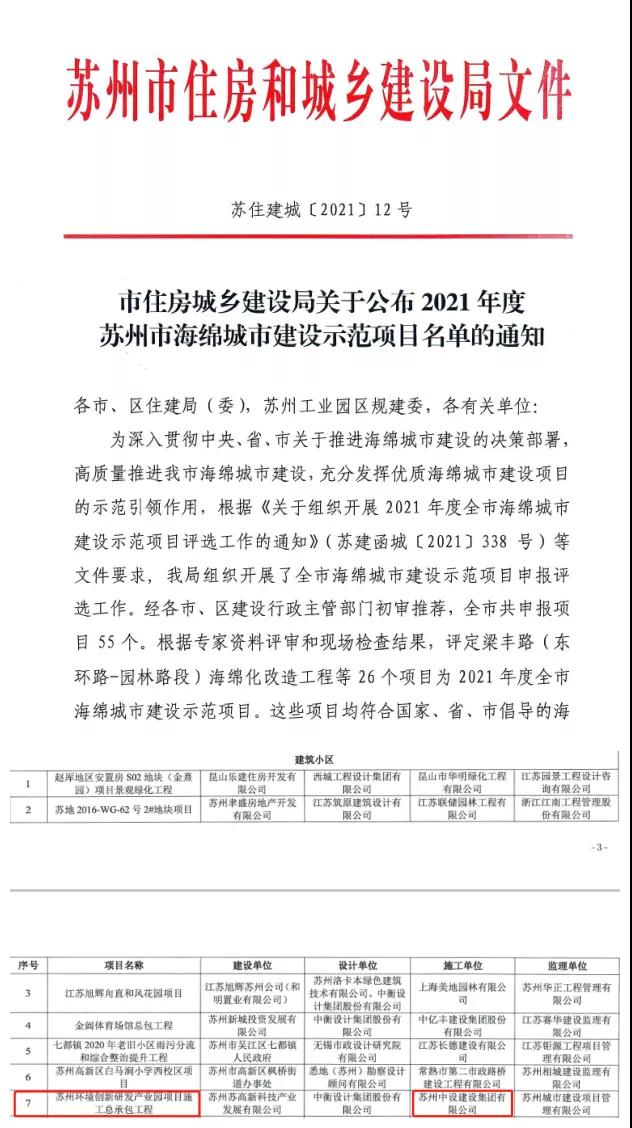 苏州中设“清华园”项目喜获2021年“苏州市海绵城市建设示范项目”