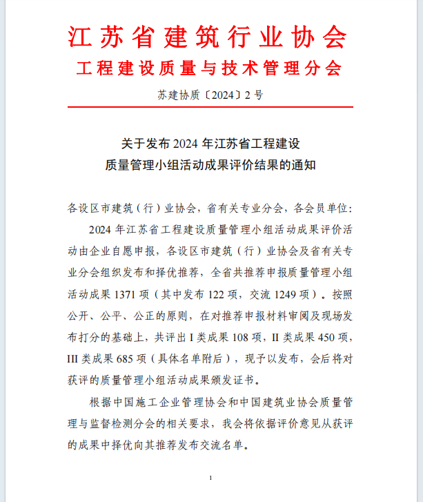 【喜訊】集團公司多項QC成果榮獲2024年江蘇省建設(shè)質(zhì)量管理小組活動成果獎、多項工法被評為江蘇省省級工法