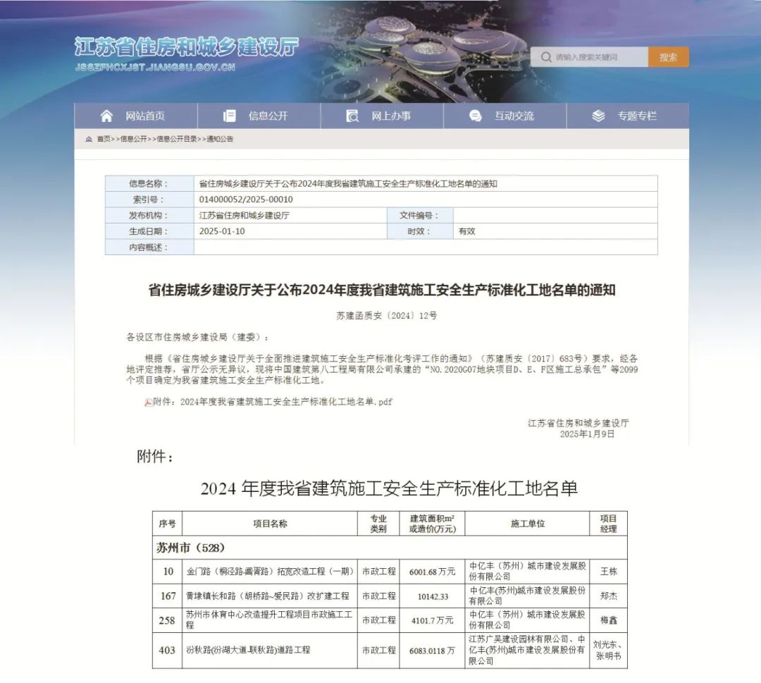 【喜报】苏州中设集团10个项目获评2024年江苏省建筑施工安全生产标准化工地